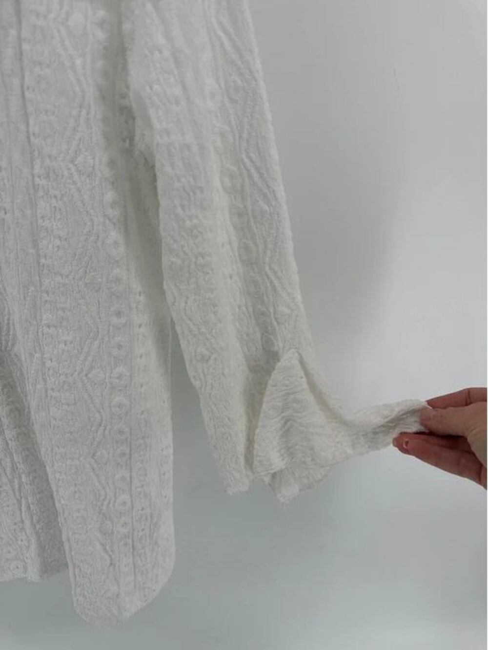 Romantic White Eyelet Lace and Knit Blouse with Ruffled Collar